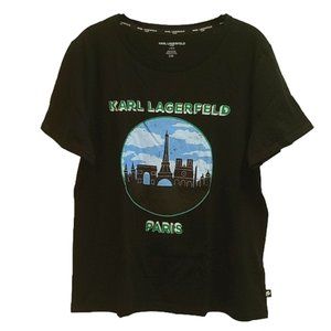 🗼🆕 KARL LAGERFELD BLACK PARIS EIFFEL TOWER GRAPHIC T-SHIRT WITH RHINESTONES